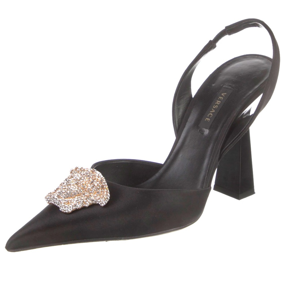 Versace Crystal Medusa Satin Slingback Pumps Sz 7